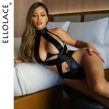 Ellolace Bandage Sexy Lingerie Bodysuit Women Halter Hollow Out Exotic Clothes Black